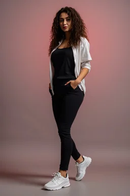 beautiful lady in pants and pretty shirt curvy long hair sport shoes