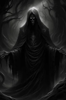 In the grim chambers of the dhampir who worships the deity of darkness, eternal night reigns. His hair, black as pitch, cascades in thick waves like smoke, shrouding his face in a veil of mystery. In his eyes, two boundless abysses reflect only darkness and enigma. The dhampir's attire resembles nightmarish visions. Black cloaks and shadowy patterns seem to weave through his garments, lending his figure the mysterious semblance of a ghost. An amulet around his neck flickers like a star in the b