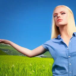 beautiful young blond Swiss girl standing in green field, mountain, sun, wearing blue shirt over, open arms, realistic eyes, blue eyes, unreal engine, photograph, realistic skin texture, photorealistic, hyper realism, highly detailed, 85mm portrait photography