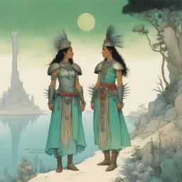 [art by W. Heath Robinson] In the realm of Eldoria, two indigenous girls stand tall, Clad in armor and adorned with tribal tales that call. With bows in hand, they gaze towards a mystical oasis, Where aqua waters meet luminous green in a magical stasis. Their bodies bear tattoos of valor and ancient lore, As they guard a forgotten prophecy, their spirits soar. Under the enchanted tree's shade, they sit in contemplation, In a world of heroes and villains, a realm of imagination. Their presence i