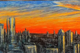 Sunset, futuristic buildings near trees, highway, people, sci-fi, tendency to impressionism, realistic painting