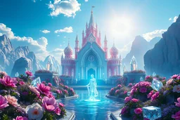 beautiful cosmic cristal house in the futur city, flowers fantasy, crystal city crystalline in the sky, renderin, room, cosmic, opalescent, 100mm, opalescent, gemstones, crystals, object, other worldly, water, cristal rock, bright, ice backg, portrait of a crystalised blue pink queen, atmospheric, realistic, unreal engine, lighting, octane render. a beautiful magic castle, a large garden with beautiful multicolored flowers, a beautiful fountain, a beautiful blue sky with sun, hig