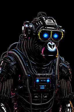realistic cyberpunk style geometric robot gorilla wearing rectangular goggles and a high tech cybersuit with various wires lights and doodads made of reflective black plastic rusted metal and discarded electronic parts looking up into the sky in harsh high contrast lighting from the top