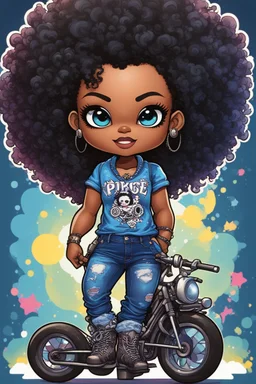 create an pop punk illustration of a chibi cartoon voluptuous black female wearing a blue jean outfit with a tie dye tshirt with biker boots. Prominent make up with hazel eyes. Extremely highly detail of a tight curly black and shiny afro. Background of a bike show