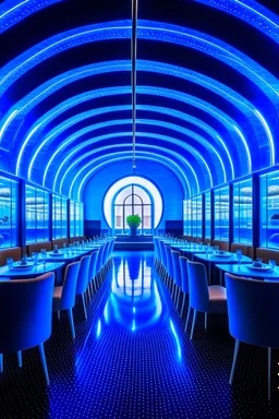 A restaurant with the outer shape of the walls in blue and a white floor, and it contains one table in the middle of the restaurant, and the walls are oval in shape, containing 30 chairs, and the walls are made of glass