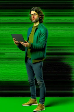 Modern guy, 20s, holding laptop, hand lower, looks like a renaissance painting, "standing forward", full body, green jacket