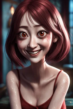 Woman with rare eyes, smiling, tears streaming, siting pose, fullbody, Junji Ito style, darkred tones,high detailed, 4k resolution, digital paiting, 3d pixar disney the cinematic FKAA, TXAA, and RTX graphics technology employed for stunning detail.