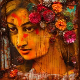 an abstract painting of rusted metal and colored flowers, indian portrait, young girl, rust, scaffolding, iron cladding, decay, mixed media, textured, anatomically correct, beautiful perfect face, sharp focus, highly detailed, high-quality, volumetric lighting, 8k, ultrahd blue eyes, white person, black person, skeleton