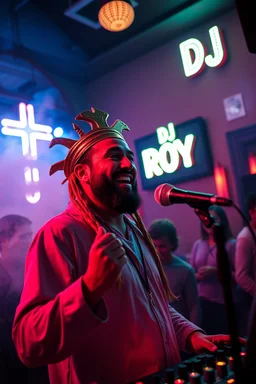 An "Kebab man" performing at dance club in a church, his name is "Kebab man" Happy and christian look, Talking to the holy Jesus, Neon lights and smog, "DJ ROY" big sign on the wall