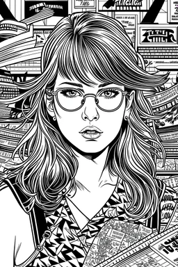 Design a coloring page reflecting Taylor Swift's "Reputation" era, with edgy and confident imagery like sunglasses, snake motifs, and newspaper headlines.