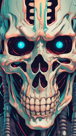 a close up of a person with a skull on their head, anime skull portrait man, scary detailed art in color, hiroyuki-mitsume takahashi, nychos art aesthetic, half man half skeleton, anime cyberpunk art, colored manga art, rossdraws pastel vibrant, hot colors. insanely detailed, beautiful anime portrait, stunning anime face portrait, scary art in color