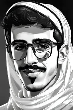 شاب لابس الملابس الكويتية ونظارة شمسية رسم ويحمل ساندويش بالاببيض والاسود ورسم خفيف ثنائي ويكون على ملامح الوجه مضحكة بالابيض والاسود تكون الصورة ؤسم