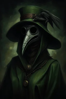 pestilence as female goddess with a greenish plague doctor mask realistic dark oil painting, 8k, many details
