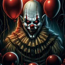 150mm Cinematic intricate photograph, Pennywise the clown from IT movie, big head, (an evil bloodthirsty grin on face), ((sharp teeth)), standing, partially surrounded by balloons, creepy light and atmosphere of horror and fear around, highest details, Nima Neemz Nakhshab movie poster