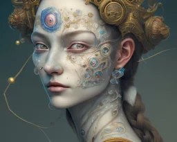 head and shoulders portrait of Mary, face paint, jester hat, sad expression, Takato Yamamoto artist, Akiya Kageichi artist, Jedediah Berry inspired, 8k resolution concept art portrait, dynamic lighting, hyperdetailed, intricately detailed, maximalist, beautiful, peaceful