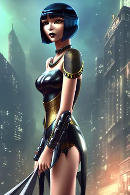 full body picture of a woman with a bob, a fringe hairstyle, Cleopatra clothing futuristic steampunk, city background