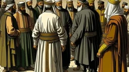 Rear view in 1490 of Andalusian men gathered around a commander in old Arab dress