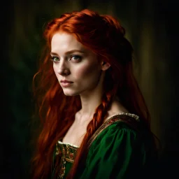 Portrait of a young peasant girl aged 18, forward facing. long red hair and green eyes. dark fantasy.