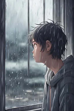 sad teenager looking at window while raining anime style