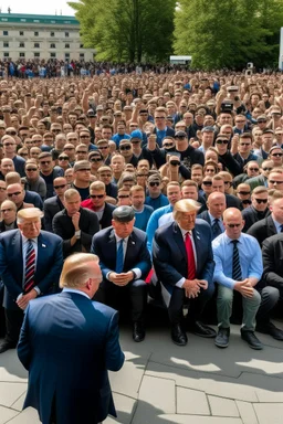 hundreds of people kneeling in front of donald trump