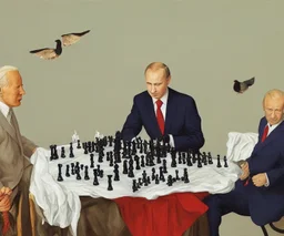 Putin, President Xi Of China And Joe Biden Play Chess With A Pigeon,Complex Surgical Instruments,A Newborn Boy,Minimalism,Painting By Lucian Freud,Rene Magritte,Adrian Ghenie,Michelangelo,Salvador Dali,Pablo Picasso