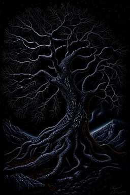 Acrylic painting of a thin twisted tree bent by the wind, roots twisting around rocks and hanging down, dark background, surrealistic atmosphere, moonlight, highly detailed