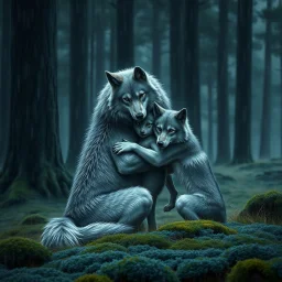 digital art from anthropomorphic wolves family, one gray bodyhair anthro wolf female hugs her two anhtro wolf child on field, in background tall trees wirh big trunks, rain, down on blue-green moss, hug each other , rainy day, high contrast, high detalied, atmospheric, dark fantasy, sci-fi mood