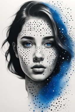 A realistic drawing in negative space black ink on white background of a beautiful girl with high density blue and black ed dots enhance her face max enrist