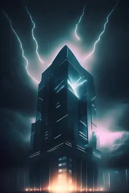 infinite high futuristic building in a cloudy night with light rays coming out of him