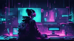 create me a hacker desktop background with the style of cyberpunk and glitchart