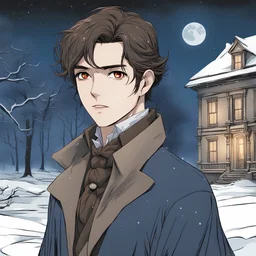 Dans un dessin dans le style du mangaka Ai Yazawa, Cassie se tient seule dans un paysage enneigé, sa silhouette gracieuse contrastant avec le sombre manoir en arrière-plan. Ses grands yeux sombres reflètent la lueur mystérieuse de la nuit, tandis que sa chevelure brune danse comme des flammes sous la lueur de la lune. Le portrait du jeune homme, d'une beauté à couper le souffle, attire son regard, mais son toucher déclenche une transformation terrifiante, l'engloutissant