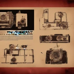 components of the camera laid out flat. poster graphics. high detailed. ink and acrylic.