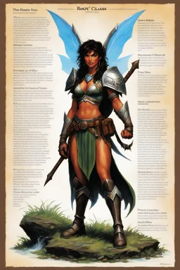 character concept sheet with AD&D statistics and characteristics, [illustration by Jeff Easley] playable class of rocky shape shifting earth faerie