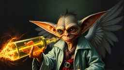 pin hole cam, master oil painting by Rembrandt, realistic rendering of crazy dark gremlin angel alien scientist holding a holy neon glowing super power tube gensis vial