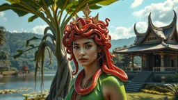 Fotografi hd ratu uler iblis kelar api merah dan ribuan uler di kepala ny rambut penuh ratusan uler kecil di kepala ny realistis ada pohon beringin besar ada danau dan candi Bali dan rumah joglo mengkilat ada ratu uler rambut ny terbuat dari ribuan uler terlihat sangat cantik muda rupawan dan rambut berbentuk dipenuhi uler uler disen rumit yang rumit baju baju warna hijau terbuat dari sisik uler pakai mahkota