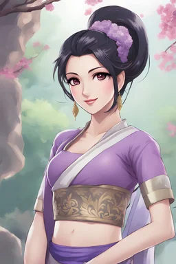 A beautiful 20 years old hindi female in sari, D cup, feudal japan, RPG character, exotic, black hair in ponytail, perfect eyes, purple eyes, perfect face, perfect smile,curvaceous, stunning beautiful artwork, 8k, alluring, makeup, lipstick, detailed purple eyes, beautiful face, full body, anime by hiro mashima style, 8k, POV looking at viewer