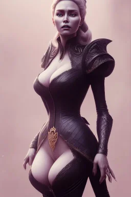 Cercei Lannister as evil queen in black leather, busty, cleavage, dominatrix, curvy, angry, stern look. character design by cory loftis, fenghua zhong, ryohei hase, ismail inceoglu and ruan jia. unreal engine 5, artistic lighting, highly detailed, photorealistic, fantasy