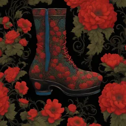 A pair of vibrant red, gothic-inspired, whimsical stylized fractal recursive boots, gracefully serving as two intricately designed pottery vessels. Each boot is filled with a stunning arrangement of brightly colored flowers, creating a striking contrast against the dark backdrop. The combination of the boots' intricate patterns, the vibrant blossoms, and the black background exudes a sense of artistic mystique and enchantment. A visually captivating composition that merges style, nature, and cre