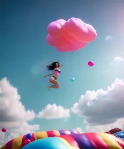 Ultra realistic speed clouds sky scene, wide angle view, sweet women falling down, inflatable color clothing, free jumping flying, many trinkets, hair monster. Clouds sea, many jelly beans, balls, color smoke, smile, happy, circus style, extreme, wind, 20,000 feet altitude, stratosphere, soft color, highly detailed, unreal engine 5, ray tracing, RTX, lumen lighting, ultra detail, volumetric lighting, 3d, finely drawn, high definition, high resolution.