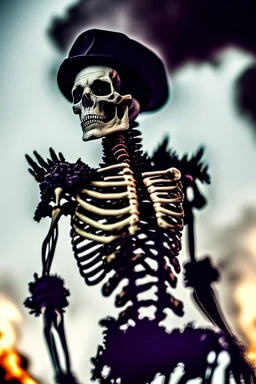 ultra high definition image of an attractive but scary looking skeleton, rising from the ashes, a war veteran, partially humanlike characteristics, army beret and ripped amo wear, very detailed, chaotic background, dramatic close-up action shot of him on a burned out war tanker with a torpedo on shoulder ready to fire and ammo ,gothic and dark theme, 12k