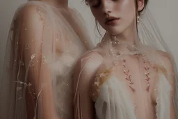 double exposure, merged layers, Beautiful composition of different fabrics, embroidered tulle with jewels, lace and raw pearls, silk, velvet, burlap, double exposure, heart, waterfall, golden glitters in sunshine