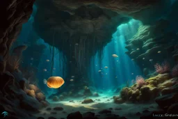 A mysterious underwater cave, rock formation, glowing jellyfish, strange aquatic creatures, art by Lucas Graciano. fantasy concept art, exquisite realism, a masterpiece, dynamic lighting, hyper detailed, intricately detailed, deep color, Unreal Engine, volumetric lighting , Epic cinematic brilliant stunning intricate meticulously detailed dramatic atmospheric maximal,