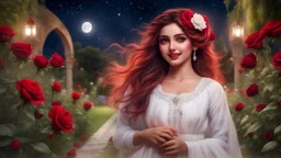 Hyper Realistic close-view of Young Beautiful Happy Pashto Girl & with-beautiful-eyes-&-lips in a white-frock-&-Maroon-ribbon with-a-red-rose-in-her-hair happily-whirling in a beautiful flower garden at-beautiful-full-moon-night & grass-arches showing dramatic & cinematic ambiance.