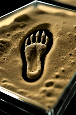 an alien's close up footprint lodged within sand in a neat, square display glass box, "Alien" engraved on small label outside of the box, realistic and highly detailed, 8k