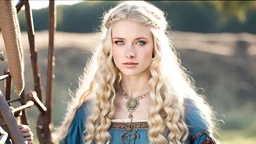 Photo is in sharp focus with high resolution. It is is a closeup portrait of a beautiful and slender caucasian 17 year old teen girl with long wavy platinum blonde hair. She has full lips, a turned up nose, arched eyebrows and large blue eyes. She is wearing a medieval peasant dress with a coset. She is seated at a spinning wheel in a castle room lit by candles gazing at the viewer.