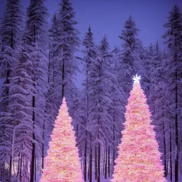 Giant christmas tree white and pink, whit many light in a forest at night