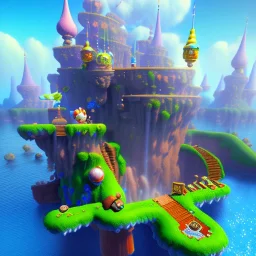 New map by super mario 3d land with waterfalls, 3d, high detail, symbols, 4k, ray traing, render, future punk, steam punk, magic in blue colors, no other place