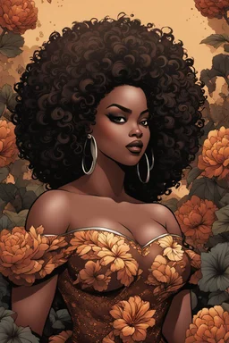 Create an comic book art image of a curvy black female wearing a brown off the shoulder blouse, and she is looking down with Prominent makeup. Highly detailed tightly curly black afro. Background of large brown and black flowers surrounding her