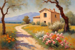 Sunny day, flowers, spring, countryside, dirt road, mountains, distant adobe house, trees, rodolphe wytsman and henry luyten impressionism paintings