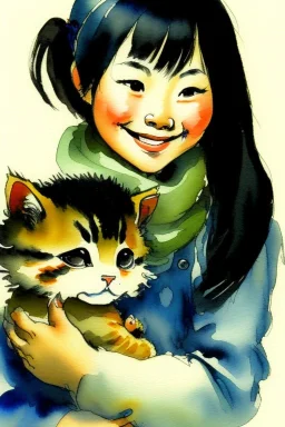 A cute smiling asian girl is holding a kitten. Watercolour